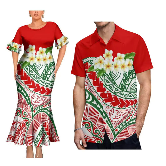 Polynesian Plumeria Flower Matching Outfit For Couple Polynesian Short Sleeve Mermaid Long Dress And Hawaiian Shirt