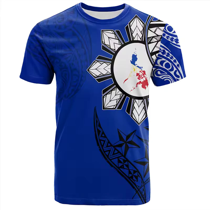 Philippines T Shirt Philippines Polynesian Tribal Pattern Unisex Printed Blue O-Neck Shirt