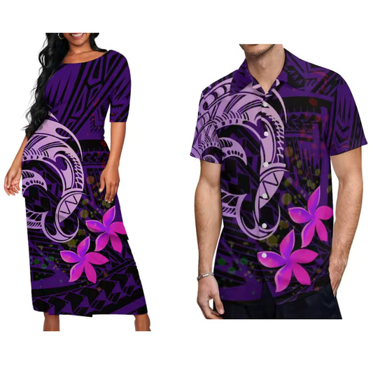 Polynesian Plumeria Flowers Pattern Printed Couple Set Island Puletasi Dress Two-Piece Suit With Men's Shirt Matching Set