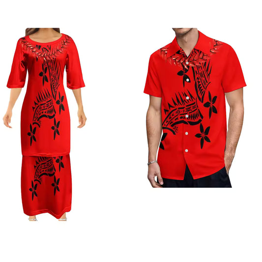Polynesian Flowers Pattern Printed Matching Outfit For Couple Women's Dress Polynesian Vintage Grain Ula Nifo Print Samoan Necklace Party Evening Couple Shirt Set