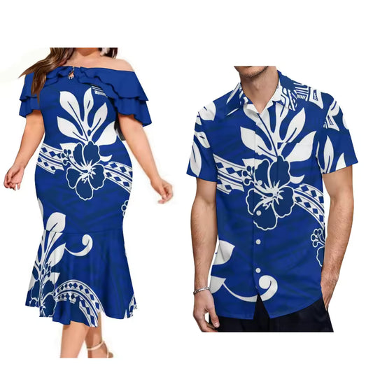 Polynesian Hibiscus Flowers Pattern Couple Matching Outfit For Family Flowers Blue Dress Polynesian Ruffled Dress And Hawaiian Shirt