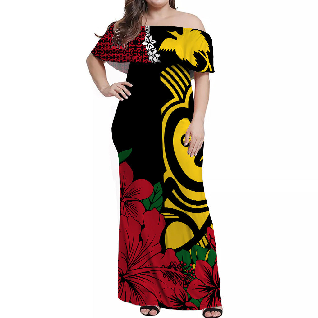 PNG Hibiscus Tribal Pattern Off Shoulder Long Dress Sepik Mask