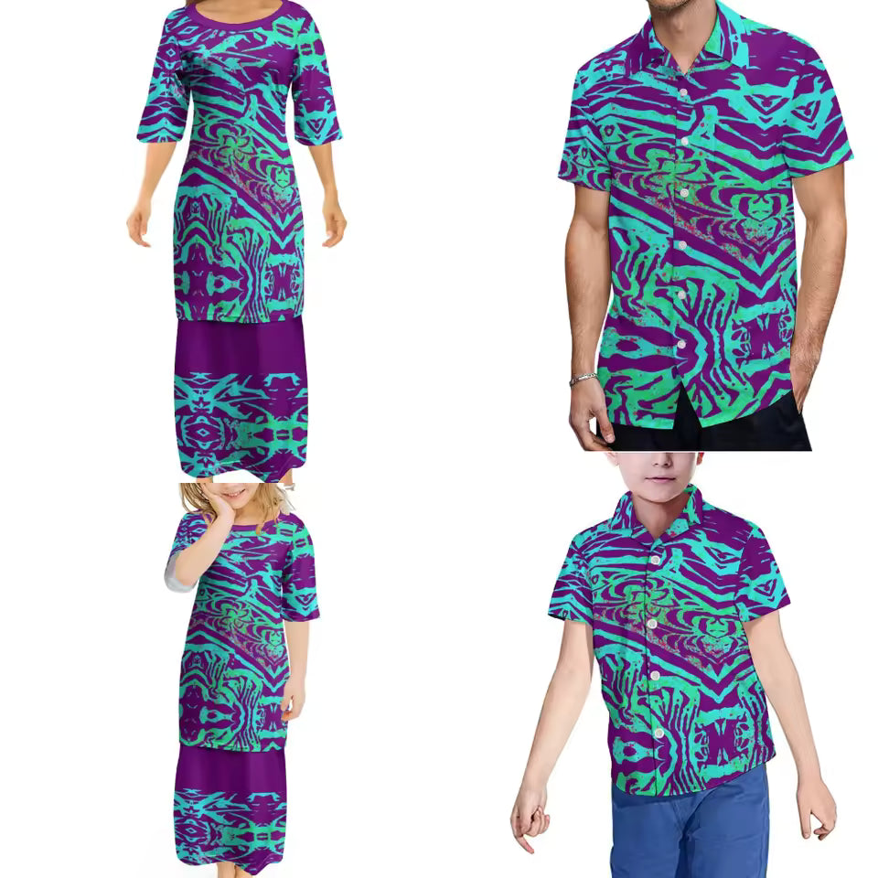 Polynesian Tribal Pattern Printed Family Set Women's Puletasi Men'S Shirt Adult Children Matching Outfit For Family Clothing