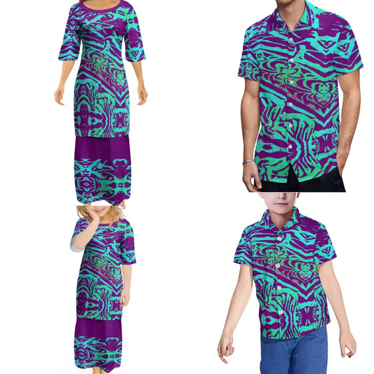 Polynesian Tribal Pattern Printed Family Set Women's Puletasi Men'S Shirt Adult Children Matching Outfit For Family Clothing