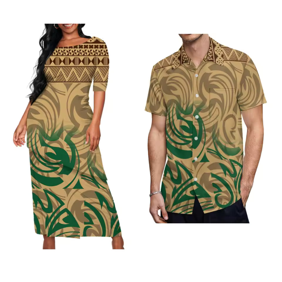 Pacific Island Polynesian Tribal Pattern Matching Outfit For Couple Puletasi Dress And Hawaiian Shirts Couple Set For Her Him