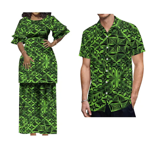 Polynesian Tribal Pattern Printed Matching Outfit For Couple Crewneck Casual Puletasi Double layer Horn Sleeve Dress and Hawaii Shirt Island Couple Set