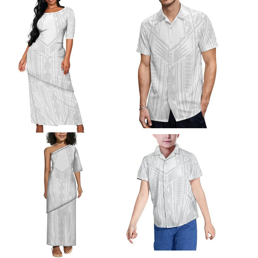 Polynesian Pattern Matching Outfit For Family White Puletasi Dress Set White Long Dress And Shirt For Her Him