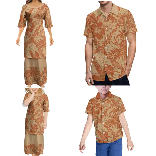 Flowers Pattern Polynesian Tribal Printed Family Set Women's Puletasi Men'S Shirt Adult Children Tropical Matching Outfit For Family Clothing