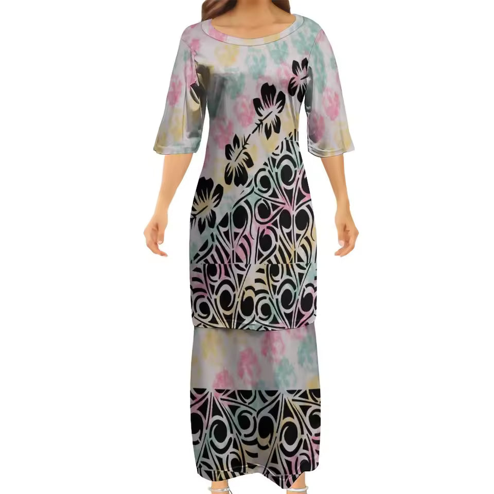 Polynesian Tribe Flowers Pattern Print Samoa Puletasi And Hawaiian Shirt Matching Outfit For Couple