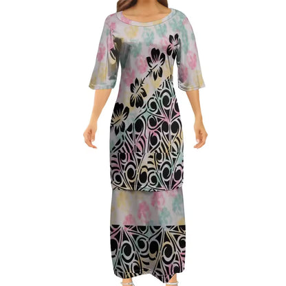 Polynesian Tribe Flowers Pattern Print Samoa Puletasi And Hawaiian Shirt Matching Outfit For Couple
