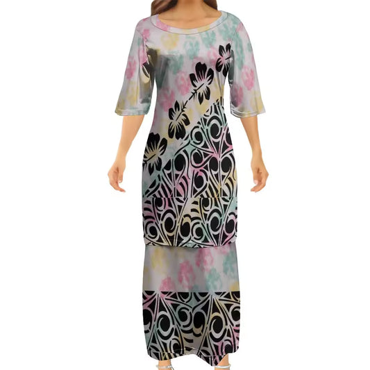 Polynesian Tribe Flowers Pattern Print Samoa Puletasi And Hawaiian Shirt Matching Outfit For Couple