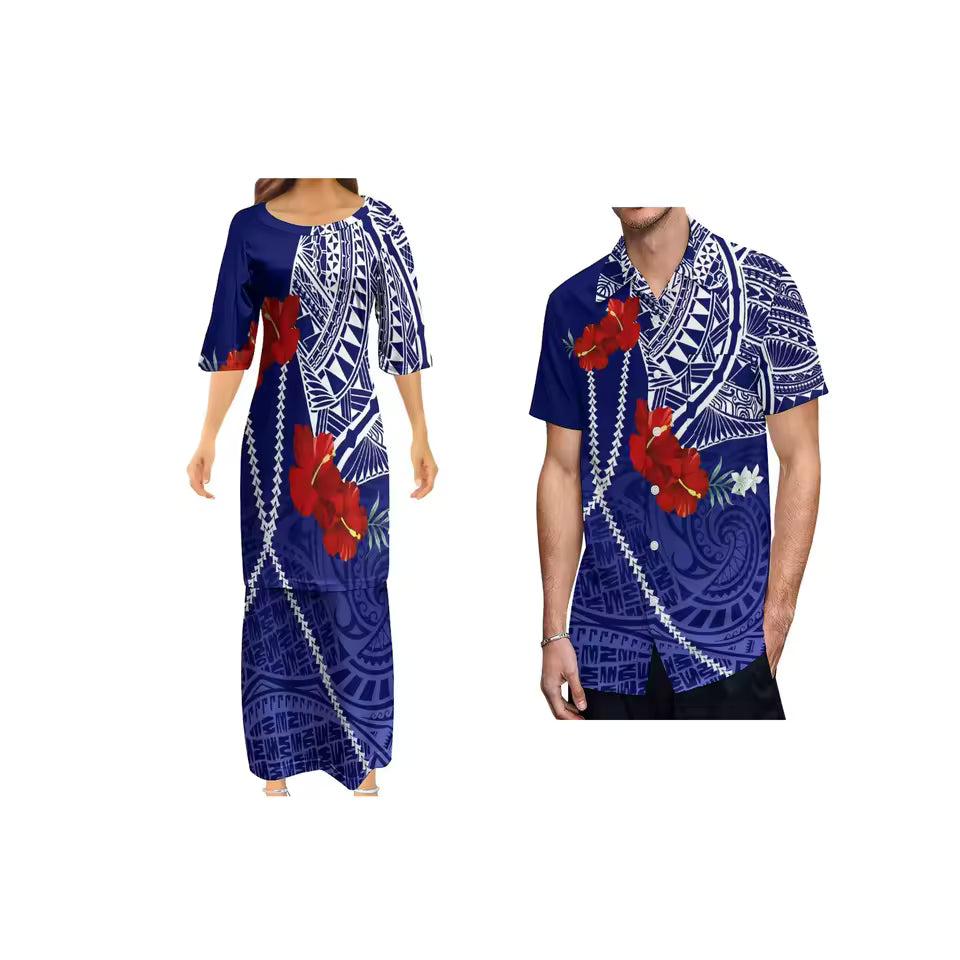 Blue Polynesian Tribal Pattern Couple Matching Outfit Shirts for Men Puletasi Traditional Dress Couple Set