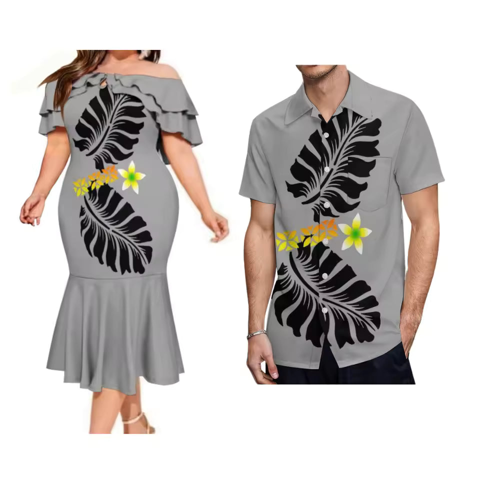 Polynesian Tribal Pattern Couple Set Printed Summer Polynesian Tropical Leaf Ruffled Fishtail Dress And Hawaiian Shirt Matching Ourfit For Couple