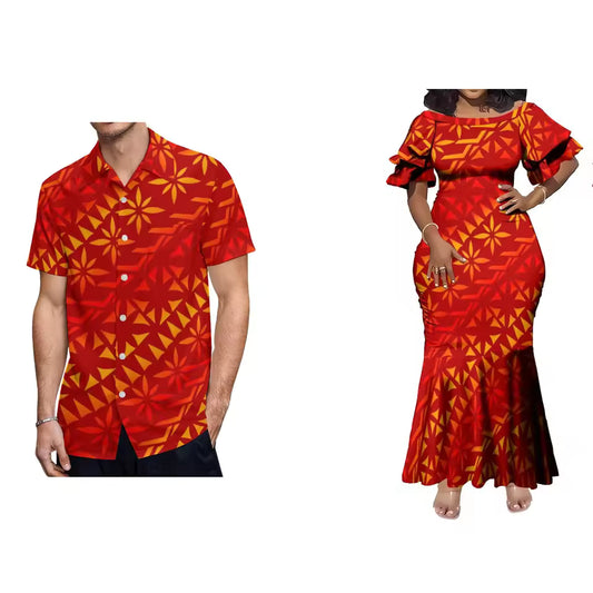Red Polynesian Tribal Couple Set For Her Him Island Matching Outfit Short Sleeve Mermaid Long Dress And Hawaiian Shirt Outfit Set