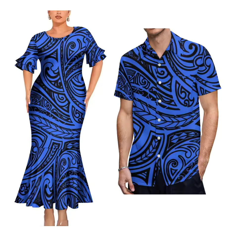 Polynesian Tribal Pattern Blue Matching Outfit For Couple Polynesian Short Sleeve Mermaid Long Dress And Hawaiian Shirt