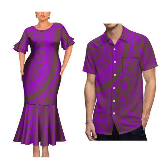 Polynesian Pattern Purple Couple Matching Outfit Polynesian Tribal Printed Short Sleeve Mermaid Long Dress And Hawaiian Shirt