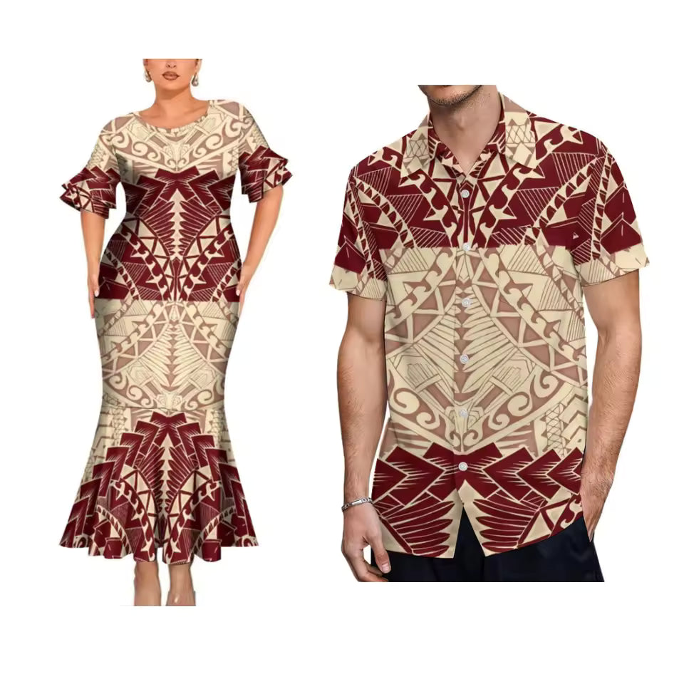 Polynesian Printed Couple Matching Outfit Polynesian Tribal Tribal Short Sleeve Mermaid Long Dress And Hawaiian Shirt Outfit Set