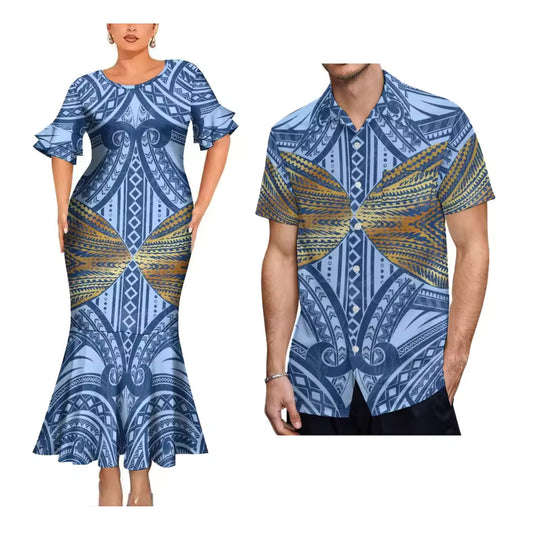 Polynesian Tribal Pattern Matching Outfit For Couple Polynesian Blue Short Sleeve Mermaid Long Dress And Hawaiian Shirt