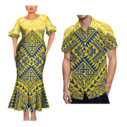Island Style Matching Outfit For Couple Polynesian Printed Yellow Short Sleeve Mermaid Long Dress And Hawaiian Shirt