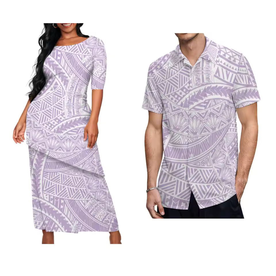 Pacific Island Polynesian Tribal Pattern Matching Outfit For Couple Puletasi Dress And Hawaiian Shirts Couple Set