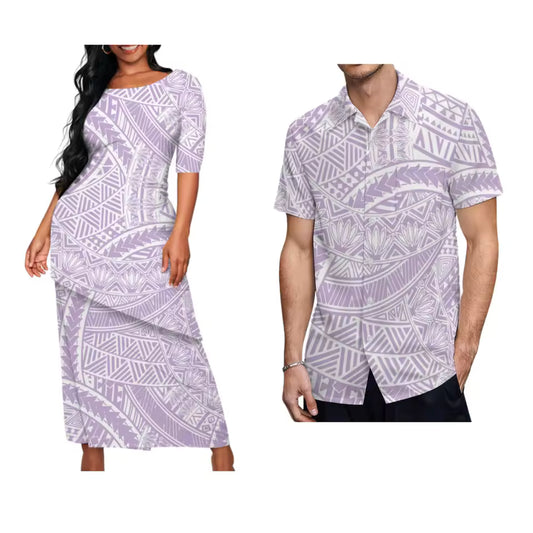 Pacific Island Polynesian Tribal Pattern Matching Outfit For Couple Puletasi Dress And Hawaiian Shirts Couple Set