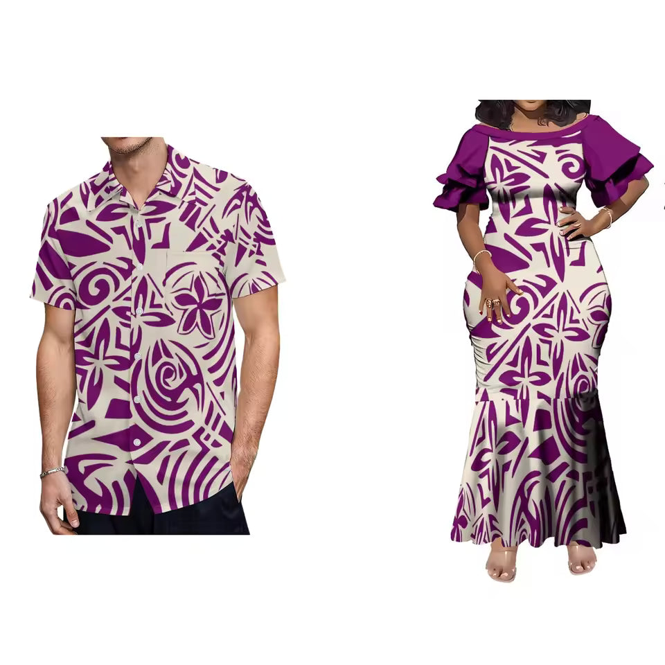 Polynesian Tribal Printed Couple Set For Her Him Island Matching Outfit Short Sleeve Mermaid Long Dress And Hawaiian Shirt Outfit Set