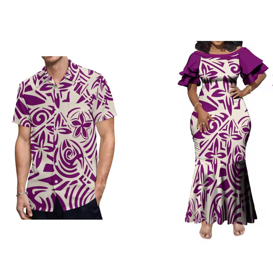 Polynesian Tribal Printed Couple Set For Her Him Island Matching Outfit Short Sleeve Mermaid Long Dress And Hawaiian Shirt Outfit Set