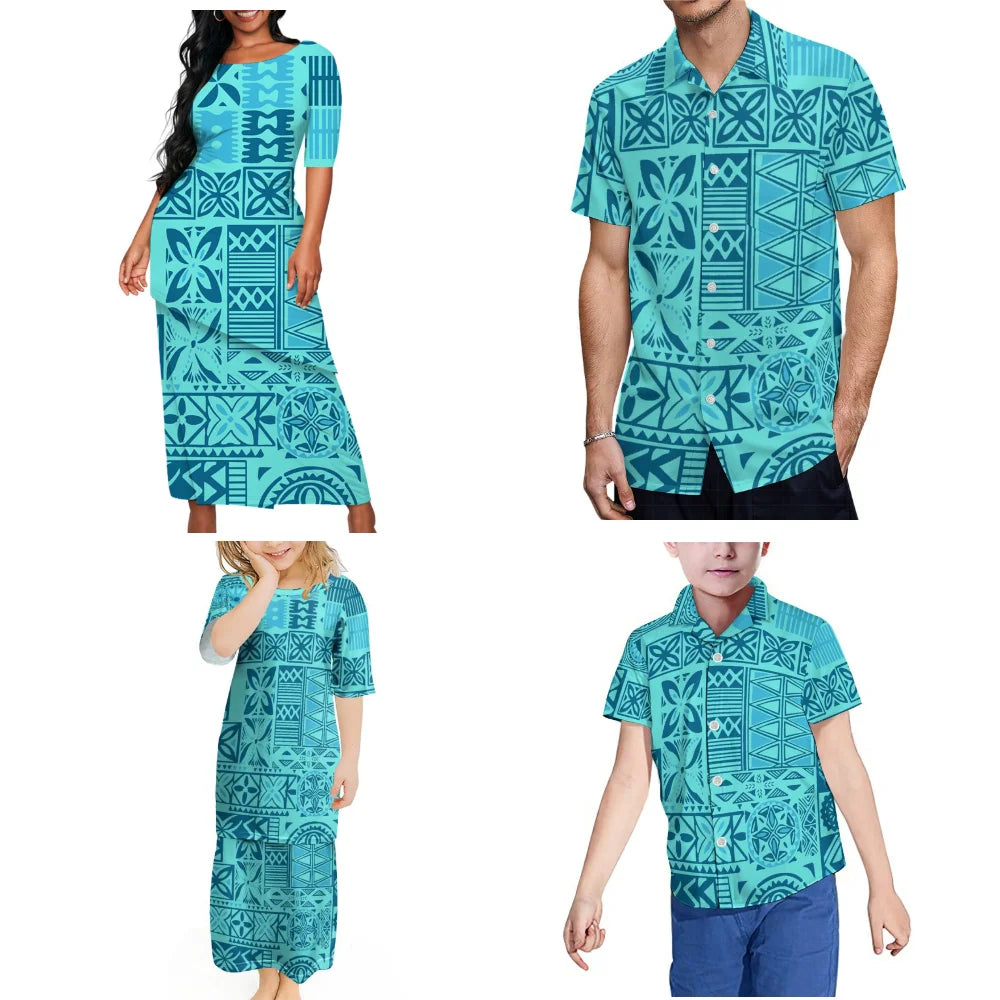 Family Party Clothing Polynesian Patterned Tribe Women Girls Puletasi Suit Skirt Men Boys Shirt