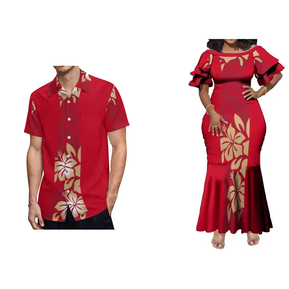 Polynesian Tribal Tropical Flowers Red Matching Outfit For Couple Island Matching Outfit Short Sleeve Mermaid Long Dress And Hawaii Shirt Couple Set