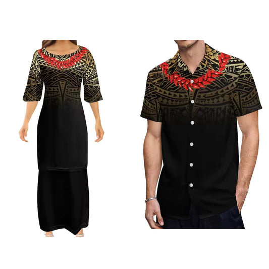 Samoan Necklace Polynesian Pattern Black Matching Outfit For Couple Polynesian Puletasi Dress And Hawaiian Shirts Couple Set