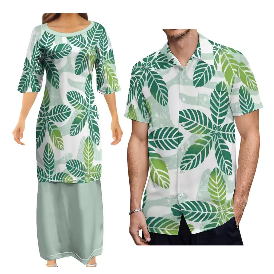Tropical Leaf Matching Couple Outfit Polynesian Tribal Pattern Dress Puletasi Dress Two-Piece Suit With Men's Shirt