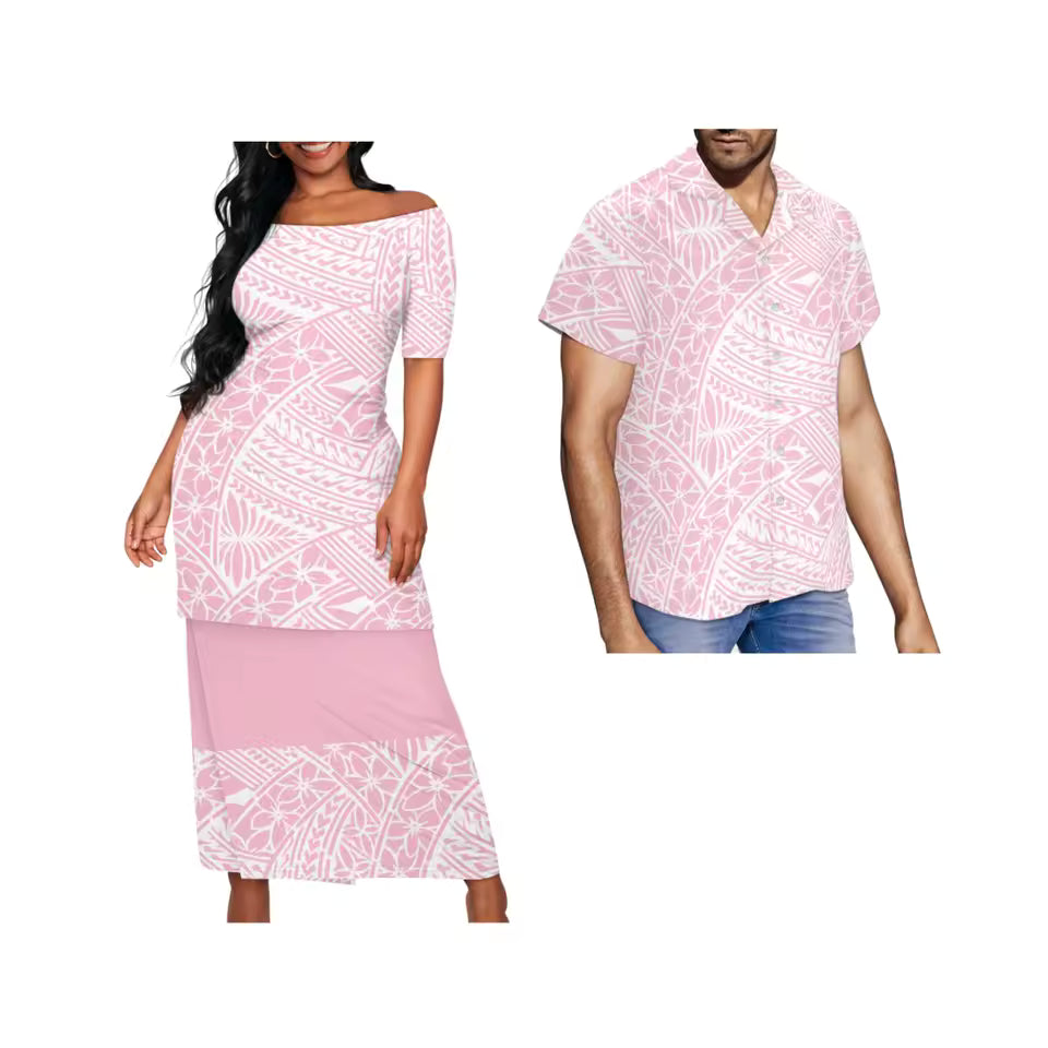 Samoa Couple Set Purple Polynesian Tribal Pattern Matching Outfit For Couple Puletasi Dress And Hawaiian Shirt