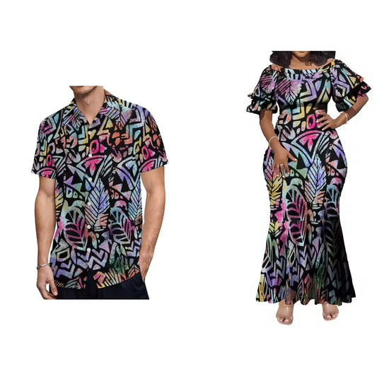 Polynesian Tropical Pattern Matching Outfit For Couple Island Matching Outfit Short Sleeve Mermaid Long Dress And Hawaii Shirt Couple Set