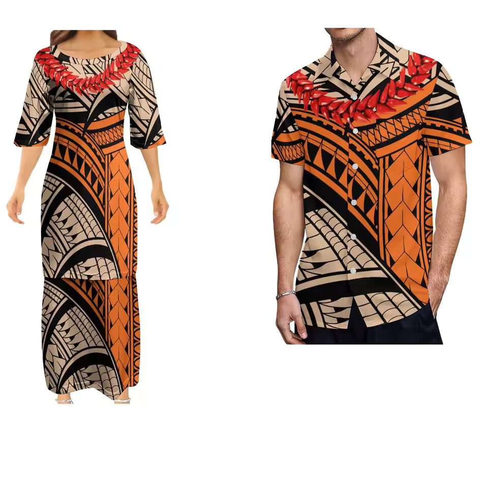 Polynesian Pattern Printed Couple Set Outfit  Women's Dress Men's Shirt Couple Suit Samoan Necklace Polynesian Matching Outfit