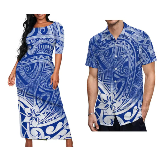 Pacific Islands Polynesian Tribal Couple Outfit Blue Puletasi Dress Polynesian Pattern Shirts for Men Puletasi Traditional Dress