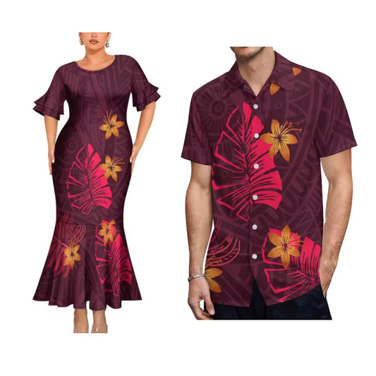 Flowers Polynesian Printed Couple Matching Outfit Polynesian Tribal Island Short Sleeve Mermaid Long Dress And Hawaiian Shirt Outfit Set
