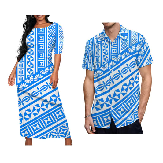 Polynesian Tribal Pattern Printed Couple Matching Outfit Blue Samoa Puletasi Dress Two-Piece Suit With Men's Shirt Matching Set