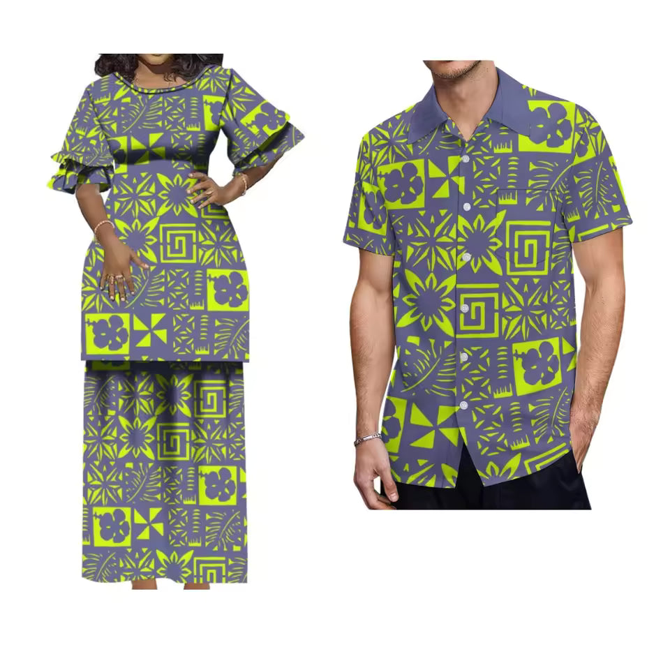 Polynesian Tribal Pattern Matching Outfit For Couple Puletasi Double layer Horn Sleeve Dress For Her and Hawaii Shirt For Him