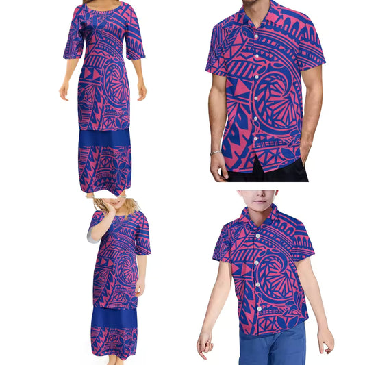 Polynesian Retro Tribal Print Ethnic Women's Puletasi Men'S Shirt Adult Children Samoan Matching Outfit For Family Clothing