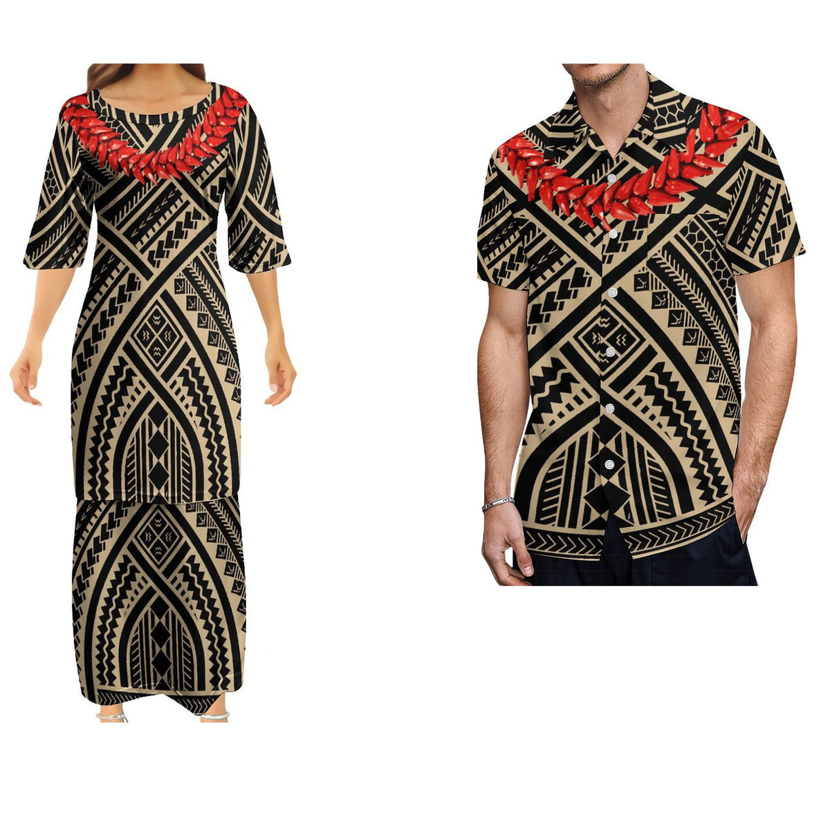 Polynesian Tribal Pattern Family Set Women's Puletasi Men'S Shirt Adult Children Matching Outfit For Family