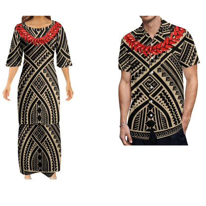 Polynesian Tribal Pattern Family Set Women's Puletasi Men'S Shirt Adult Children Matching Outfit For Family