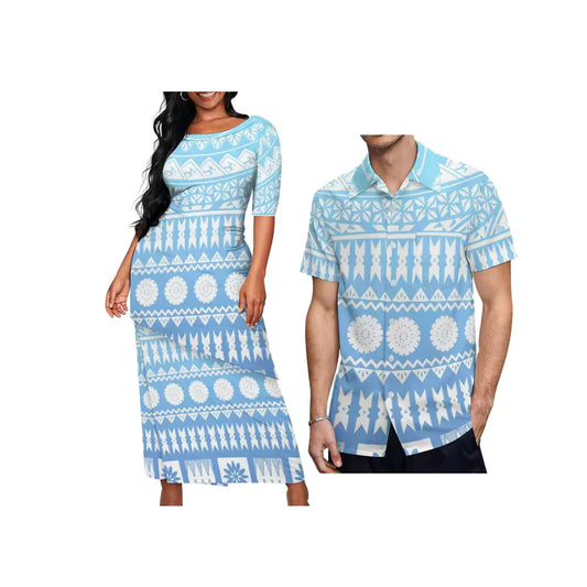 Polynesian Tribal Pattern Blue Couple Matching Outfit For Her Him Printed Samoa Puletasi Dress Two-Piece Suit With Men's Shirt Outfit Set