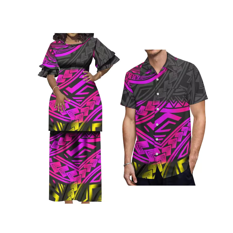 Polynesian Pattern Printed Matching Outfit For Her Him Polynesian Tribal Crewneck Casual Island Puletasi Double layer Horn Sleeve Dress and Hawaii Shirt Couple Set