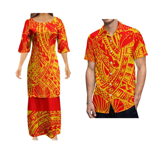 Orange Polynesian Tribe Pattern Matching Outfit For Couple Ladies Elegant Puletasi Dress For Her And Hawaiian Shirt