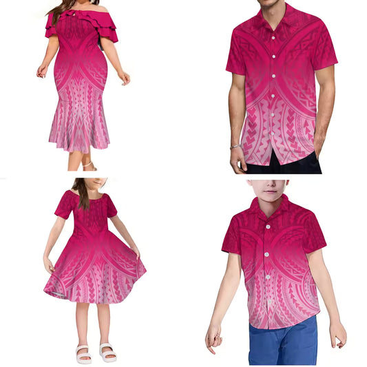 Polynesian Pattern Matching Outfit For Family Hawaii Ethnic Style Dress Ruffled Pink Long Dress And Hawaiian Shirt For Him
