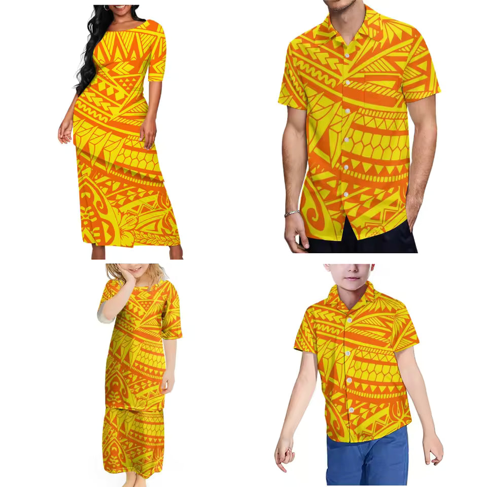 Polynesian Family Party Clothing Polynesian Patterned Tribe Women Girls Puletasi Dress Suit Skirt Men Boys Shirt