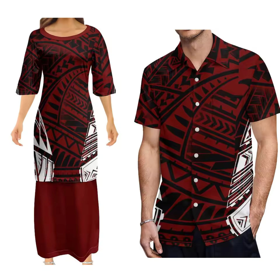 Polynesian Tribal Pattern Printed Couple Set Outfit Women's Dress Men's Hawaiian Shirt Polynesian Matching Outfit