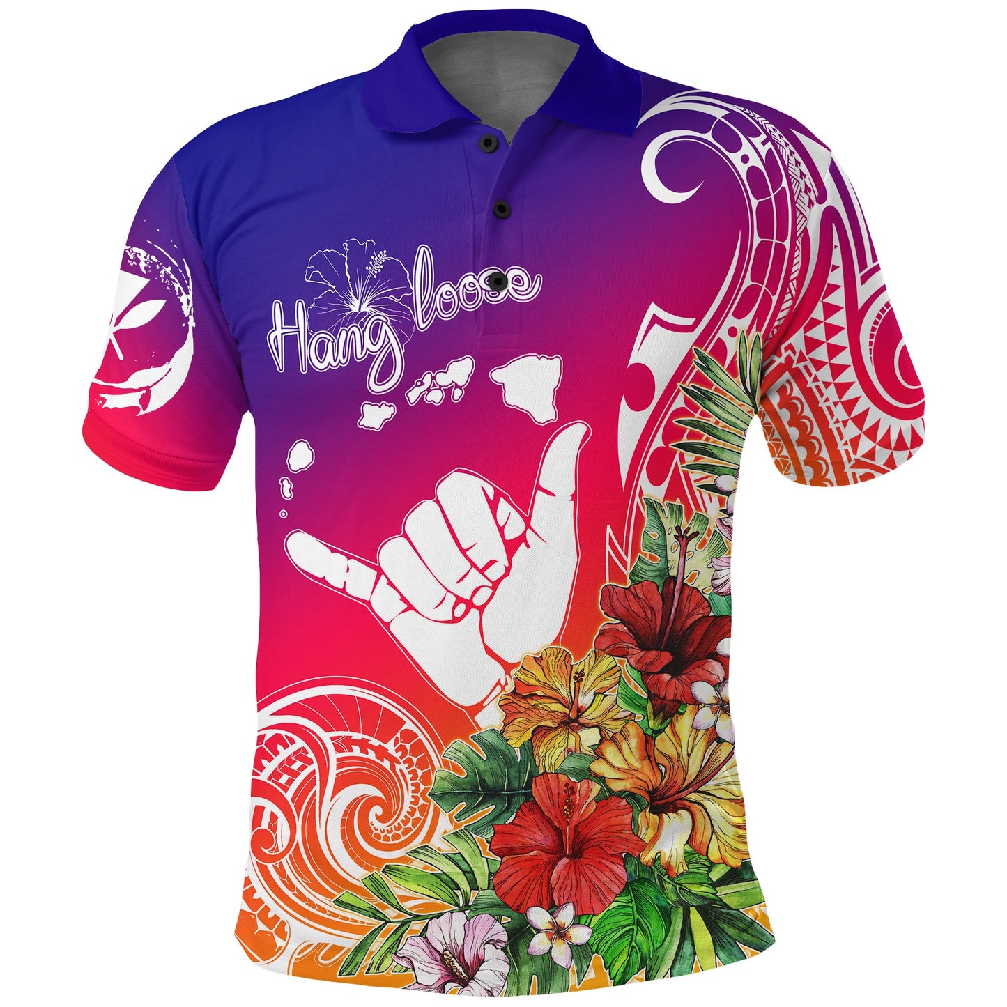 Hawaii Sunset with Hibiscus Polo Shirt Shaka Hang Loose