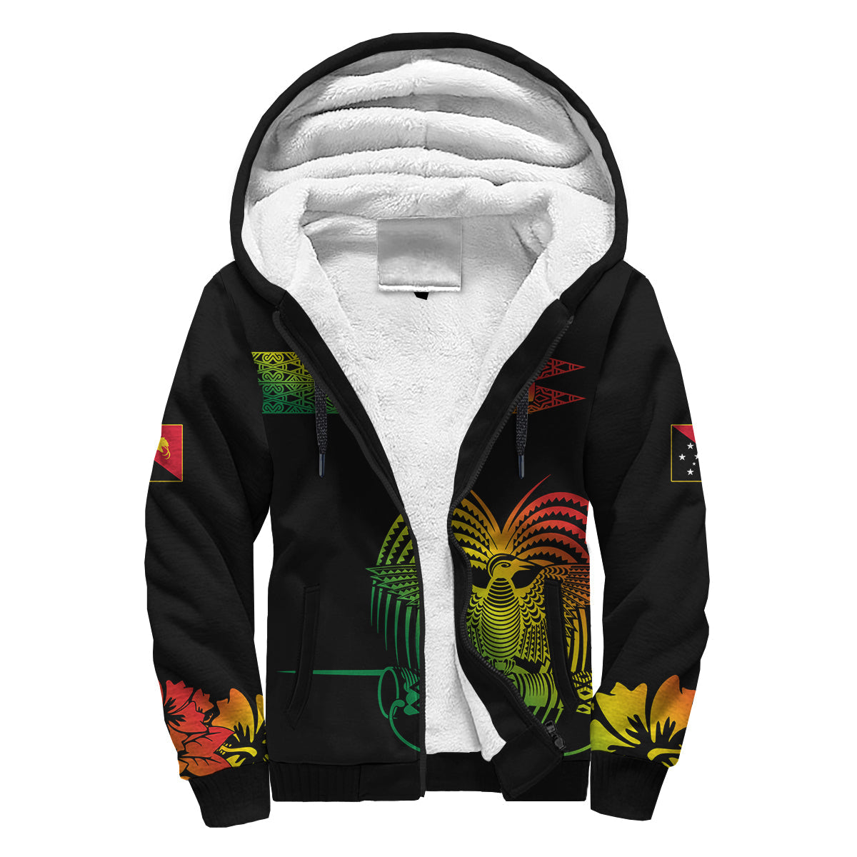 PNG Hibiscus Tribal Pattern Sherpa Hoodie Motuan Reggae Color