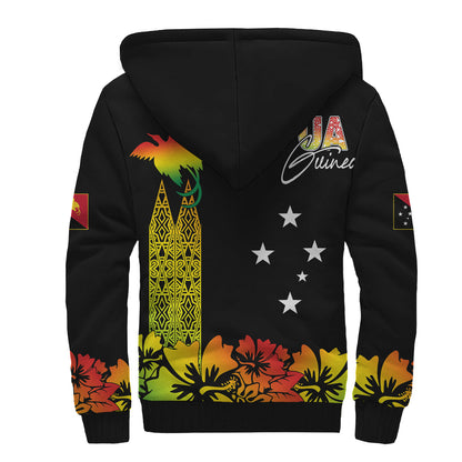 PNG Hibiscus Tribal Pattern Sherpa Hoodie Motuan Reggae Color